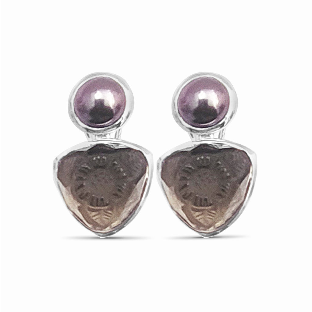 Carventurous Golden Pearl and Hand Carved Smoky Quartz Clip Earrings in Sterling Silver