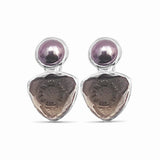Carventurous Golden Pearl and Hand Carved Smoky Quartz Clip Earrings in Sterling Silver