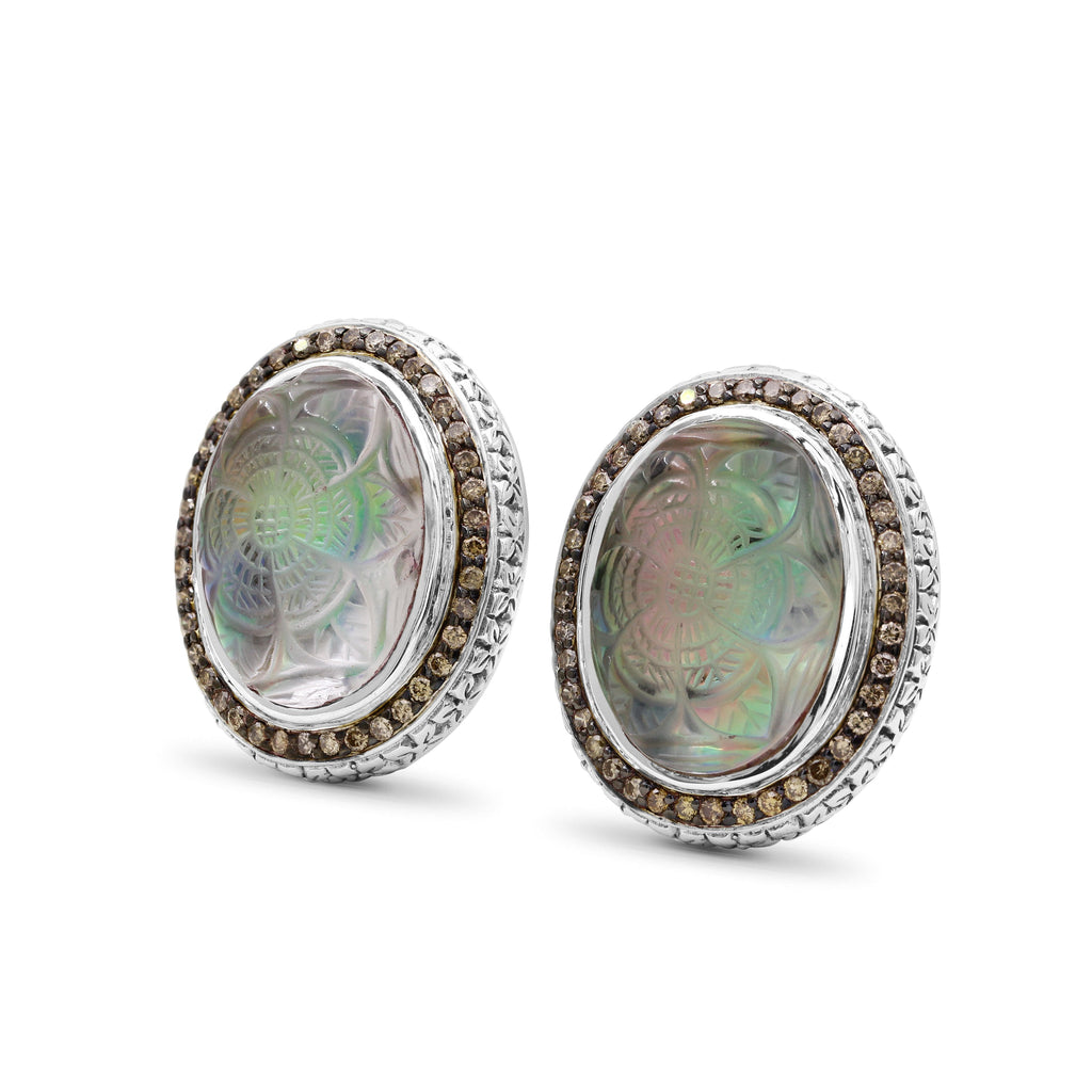 Carventurous Natural Quartz and Abalone Earring in Sterling Silver with 1.00Ct Champagne Diamonds and 18K Gold Flowers