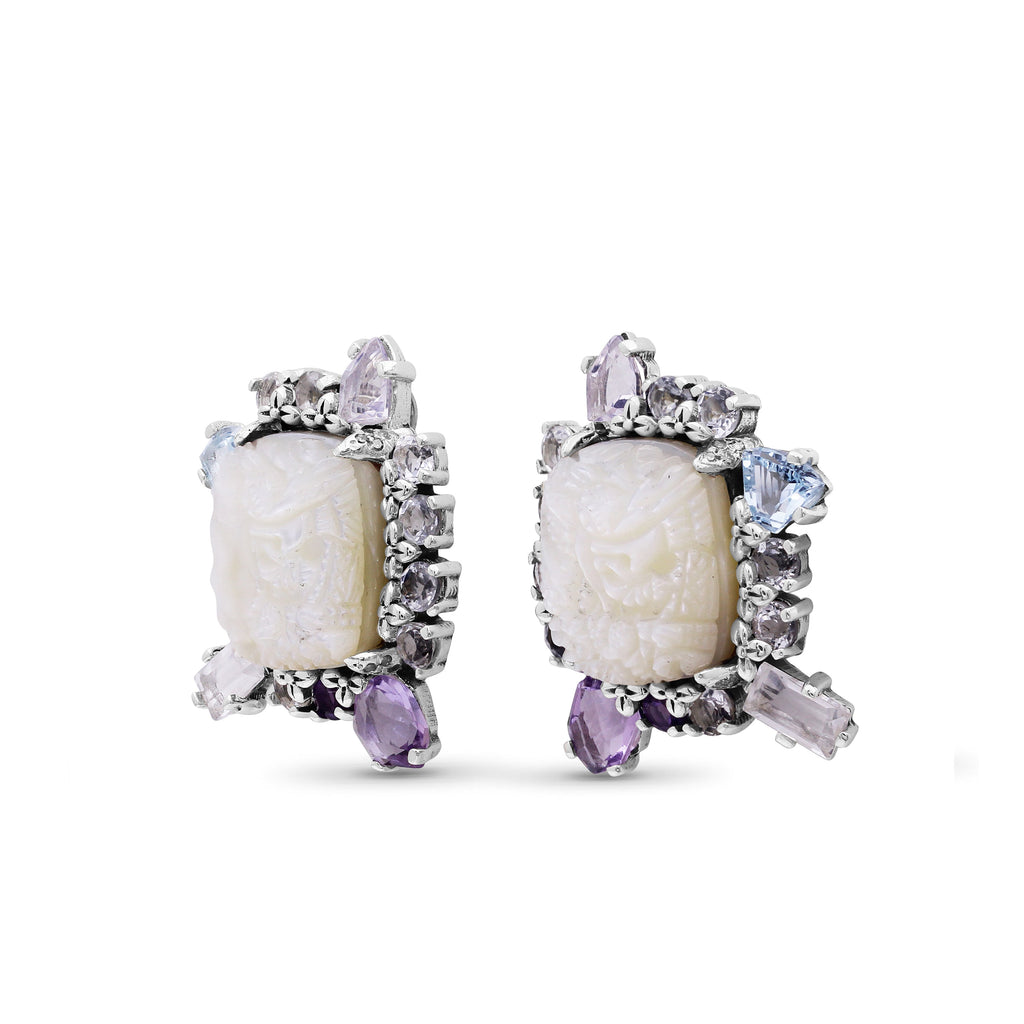 Carventurous Hand Carved Mother of Pearl Lavender Moon Quartz Amethyst Blue and White Topaz Earrings in Sterling Silver