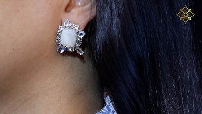 Carventurous Hand Carved Mother of Pearl Lavender Moon Quartz Amethyst Blue and White Topaz Earrings in Sterling Silver
