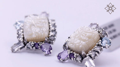 Carventurous Hand Carved Mother of Pearl Lavender Moon Quartz Amethyst Blue and White Topaz Earrings in Sterling Silver