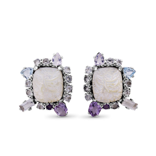Carventurous Hand Carved Mother of Pearl Lavender Moon Quartz Amethyst Blue and White Topaz Earrings in Sterling Silver
