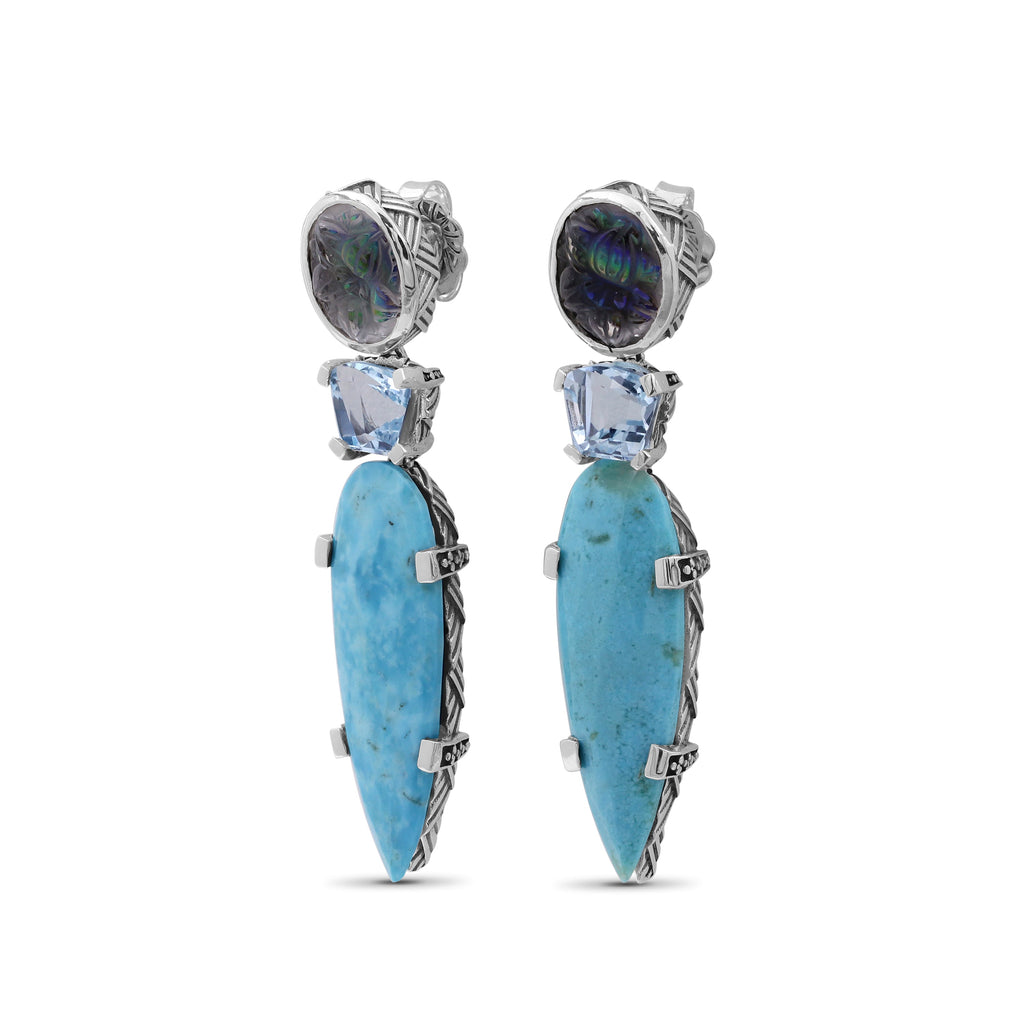 Carventurous Hand Carved Natural Quartz Abalone Faceted Blue Topaz and Faceted Turquoise Earrings in Sterling Silver