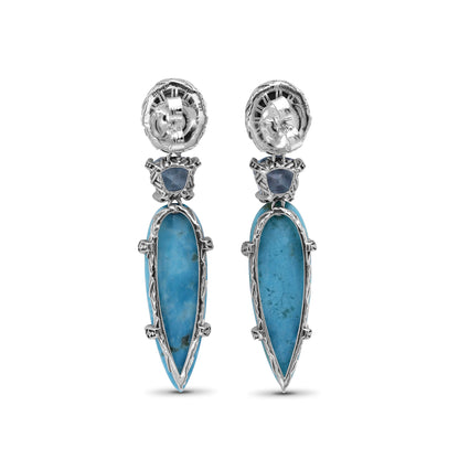 Carventurous Hand Carved Natural Quartz Abalone Faceted Blue Topaz and Faceted Turquoise Earrings in Sterling Silver