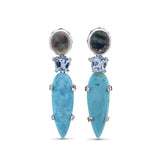 Carventurous Hand Carved Natural Quartz Abalone Faceted Blue Topaz and Faceted Turquoise Earrings in Sterling Silver