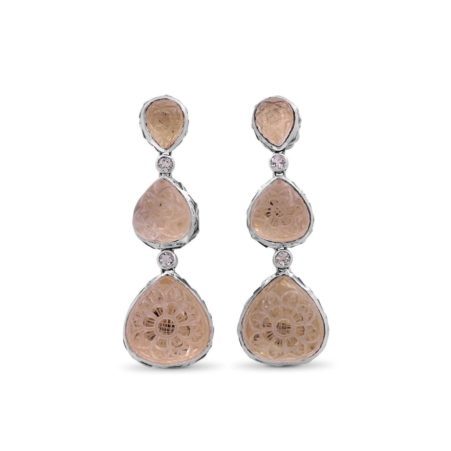 Carventurous Hand Carved Natural Quartz and Morganite Earrings in Sterling Silver