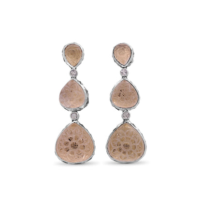 Carventurous Hand Carved Natural Quartz and Morganite Earrings in Sterling Silver