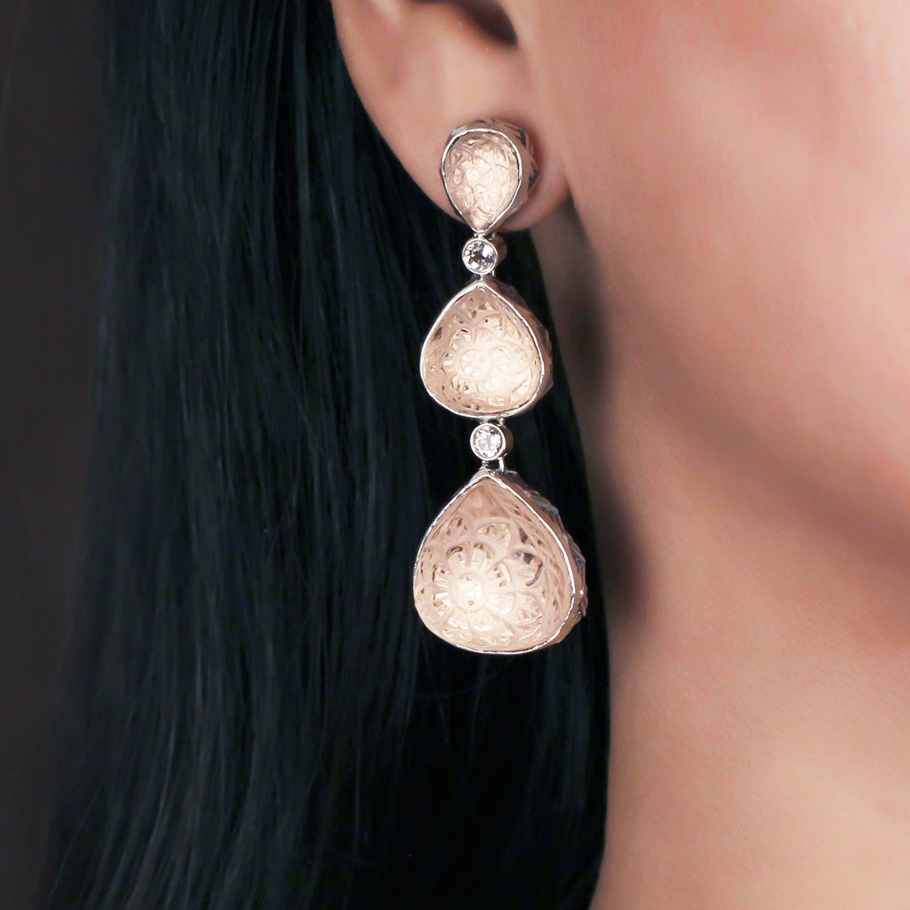 Carventurous Hand Carved Natural Quartz and Morganite Earrings in Sterling Silver