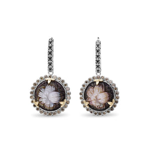 Carventurous Hand Carved Multi-Hued Mother of Pearl Earrings in Sterling Silver with Champagne Diamonds and 18K Gold Flowers