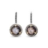 Carventurous Hand Carved Multi-Hued Mother of Pearl Earrings in Sterling Silver with Champagne Diamonds and 18K Gold Flowers