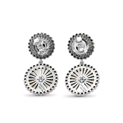 Carventurous Internally Carved Natural Quartz Gold Lining with Champagne Diamonds Earrings in Sterling Silver with 18K Gold Flowers