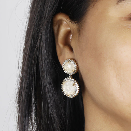 Carventurous Internally Carved Natural Quartz Gold Lining with Champagne Diamonds Earrings in Sterling Silver with 18K Gold Flowers