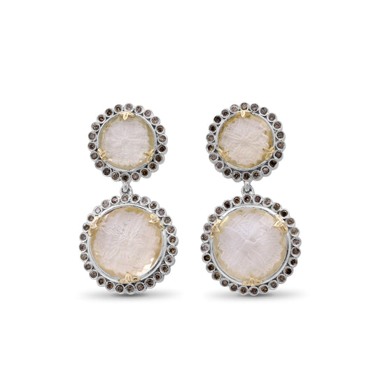Carventurous Internally Carved Natural Quartz Gold Lining with Champagne Diamonds Earrings in Sterling Silver with 18K Gold Flowers
