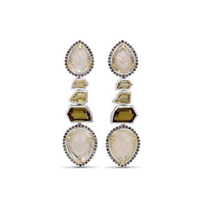 Carventurous Internally Carved Natural Quartz Gold Lining and Citrine Earring in Sterling Silver with Champagne Diamonds and 18K Gold Flowers