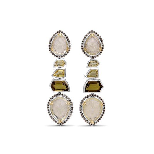 Carventurous Internally Carved Natural Quartz Gold Lining and Citrine Earring in Sterling Silver with Champagne Diamonds and 18K Gold Flowers