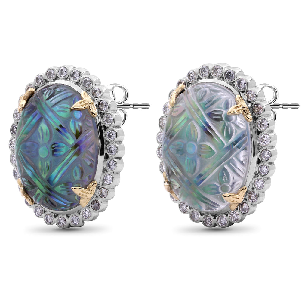 Carventurous Natural Quartz and Abalone Earring in Sterling Silver with Champagne Diamonds and 18K Gold Flowers