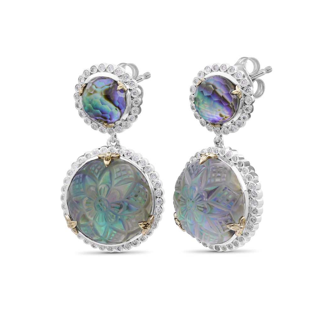 Carventurous Natural Quartz and Abalone Earring in Sterling Silver with Diamonds and 18K Gold Flowers