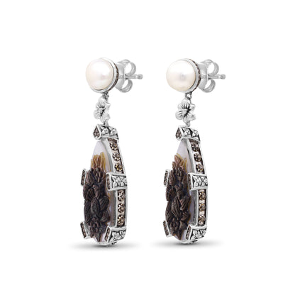 Carventurous White Pearl Carved Mother of Pearl Earrings with Champagne Diamonds in Sterling Silver