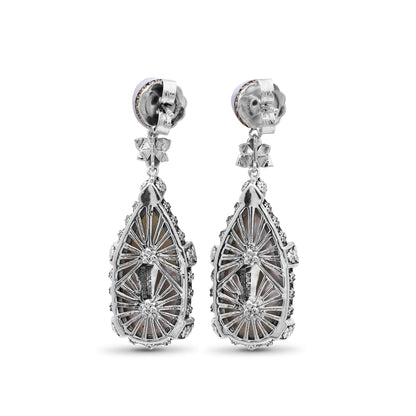 Carventurous White Pearl Carved Mother of Pearl Earrings with Champagne Diamonds in Sterling Silver