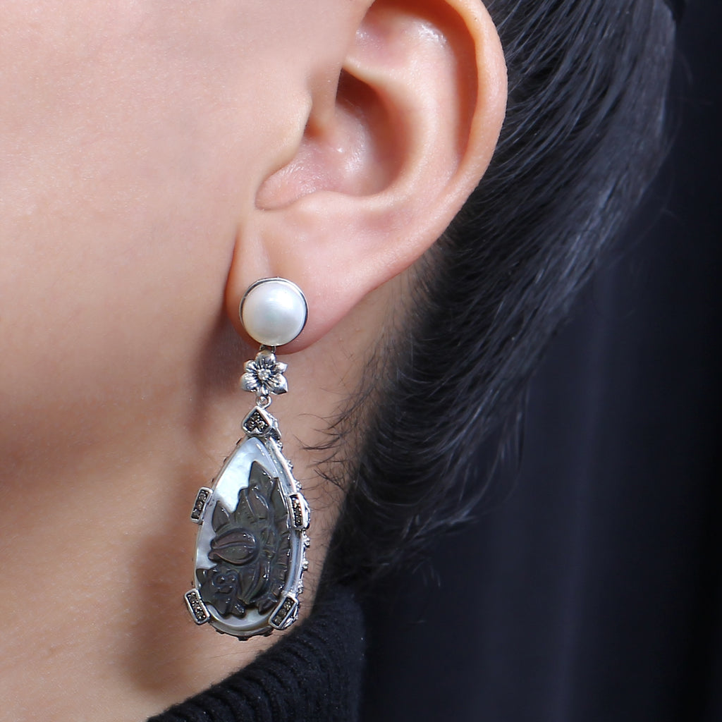 Carventurous White Pearl Carved Mother of Pearl Earrings with Champagne Diamonds in Sterling Silver