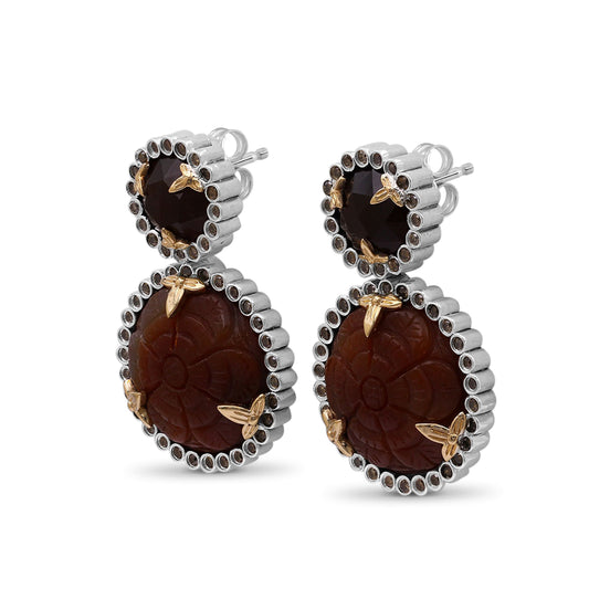 Carventurous Hand Carved and Faceted Carnelian and Champagne Diamond 1.15ct Earrings in Sterling Silver with 18K Gold Flowers