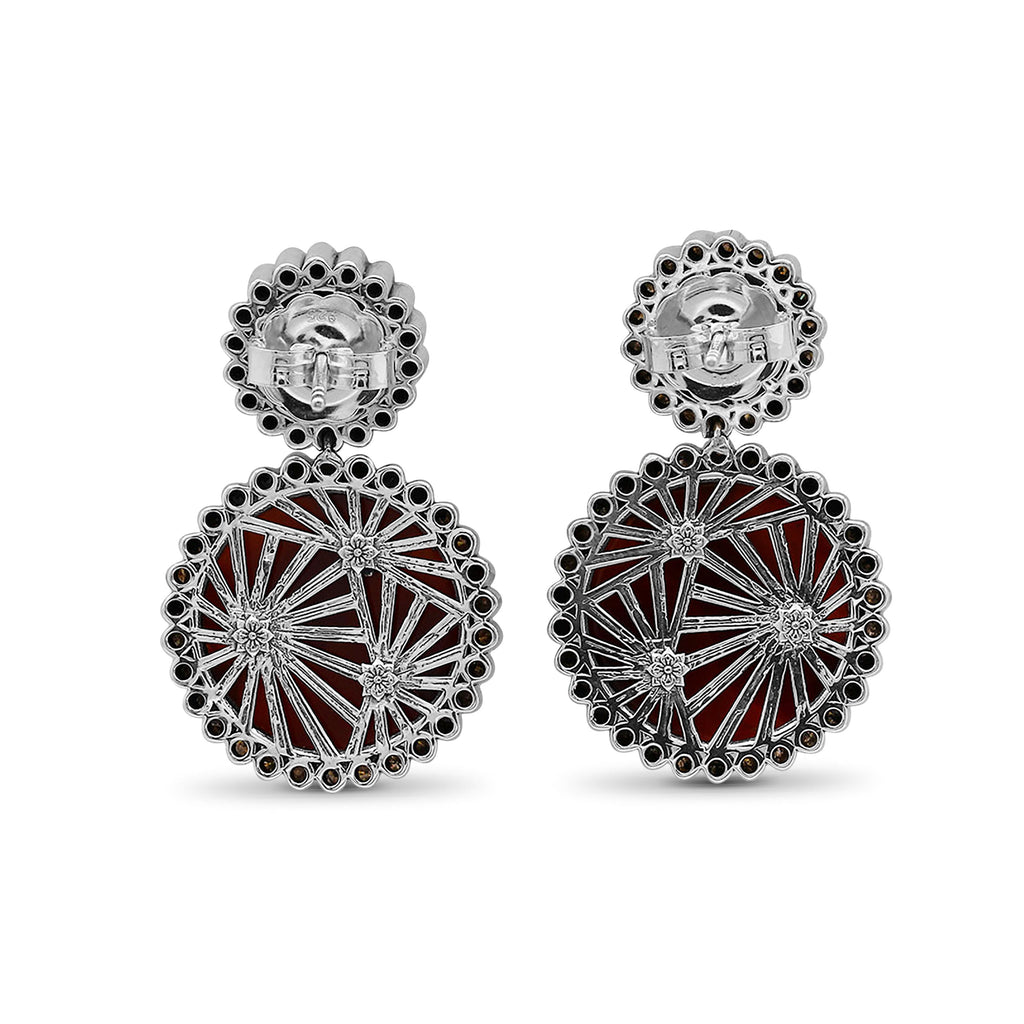 Carventurous Hand Carved and Faceted Carnelian and Champagne Diamond 1.15ct Earrings in Sterling Silver with 18K Gold Flowers