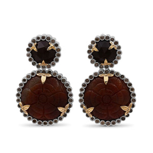 Carventurous Hand Carved and Faceted Carnelian and Champagne Diamond 1.15ct Earrings in Sterling Silver with 18K Gold Flowers