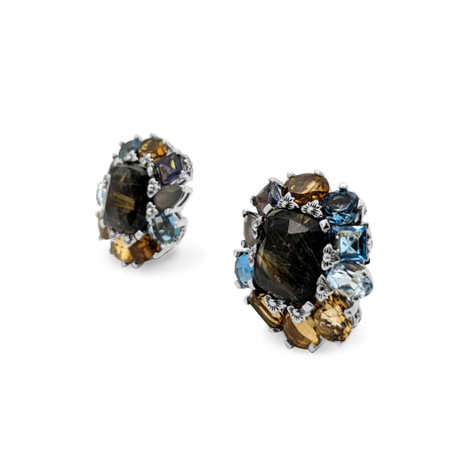 Rockrageous Flower Cluster Drop with Gold Rutilated Qtz Over Hematite, Sky, Swiss and London Blue Topaz, Citrine, Iolite, Grey Moonstone Gemstones Earring in Sterling Silver