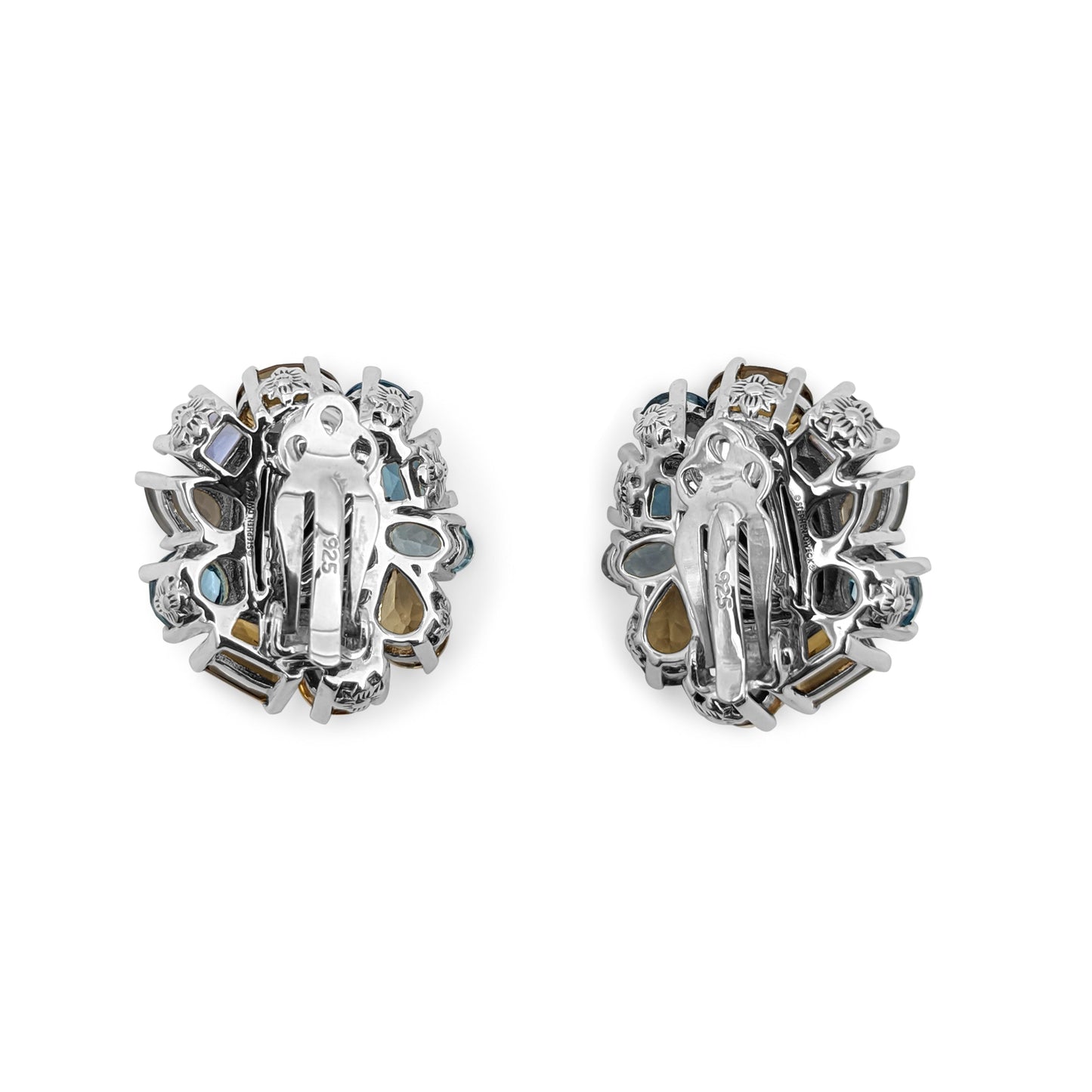 Rockrageous Flower Cluster Drop with Gold Rutilated Qtz Over Hematite, Sky, Swiss and London Blue Topaz, Citrine, Iolite, Grey Moonstone Gemstones Earring in Sterling Silver