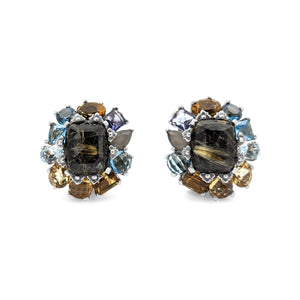 Rockrageous Flower Cluster Drop with Gold Rutilated Qtz Over Hematite, Sky, Swiss and London Blue Topaz, Citrine, Iolite, Grey Moonstone Gemstones Earring in Sterling Silver