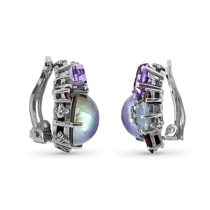 Rockrageous Amethyst Rhodolite Garnet Pink Tourmaline Lavender Moon Quartz and Mabe Pearl Clip Earrings in Sterling Silver