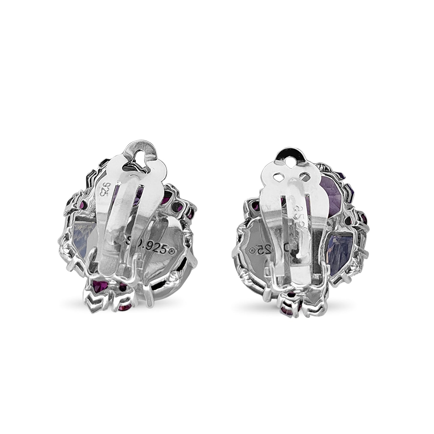 Rockrageous Amethyst Rhodolite Garnet Pink Tourmaline Lavender Moon Quartz and Mabe Pearl Clip Earrings in Sterling Silver