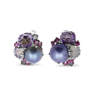 Rockrageous Amethyst Rhodolite Garnet Pink Tourmaline Lavender Moon Quartz and Mabe Pearl Clip Earrings in Sterling Silver