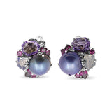 Rockrageous Amethyst Rhodolite Garnet Pink Tourmaline Lavender Moon Quartz and Mabe Pearl Clip Earrings in Sterling Silver