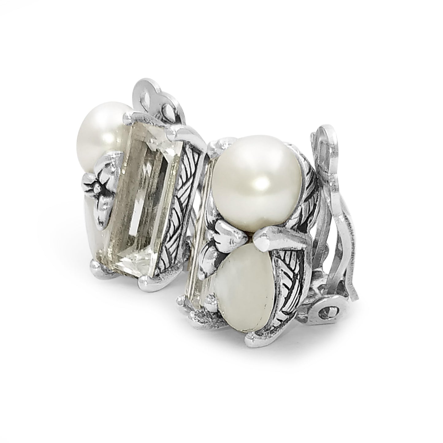 Rockragous Faceted Rock Crystal, Natural Pearl, Mother of Pearl set in Sterling Silver