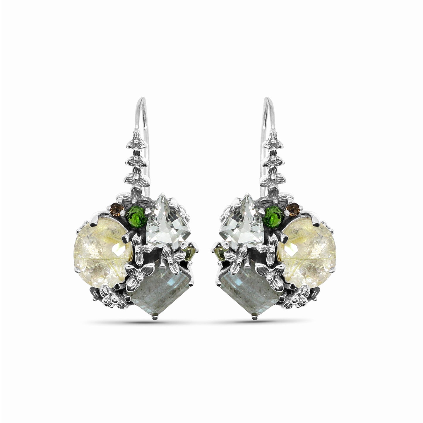 Rockrageous Gold Hair Rutilated Quartz Labradorite Green Prasiolite Peridot Chrome Diopside and Smoky Quartz Earrings in Sterling Silver