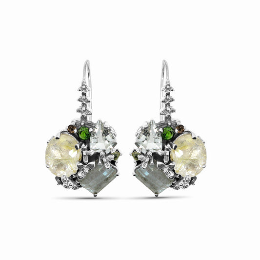 Rockrageous Gold Hair Rutilated Quartz Labradorite Green Prasiolite Peridot Chrome Diopside and Smoky Quartz Earrings in Sterling Silver