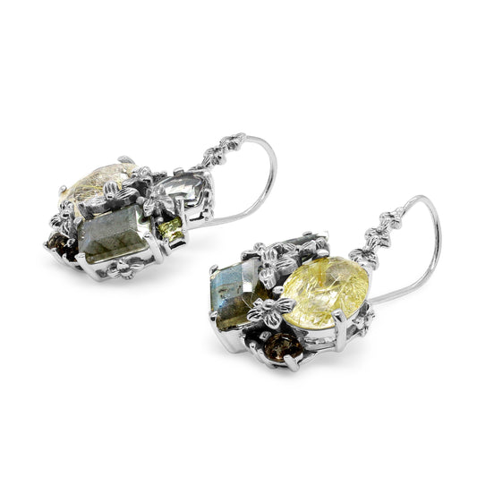 Rockrageous Gold Hair Rutilated Quartz Labradorite Green Prasiolite Peridot Chrome Diopside and Smoky Quartz Earrings in Sterling Silver