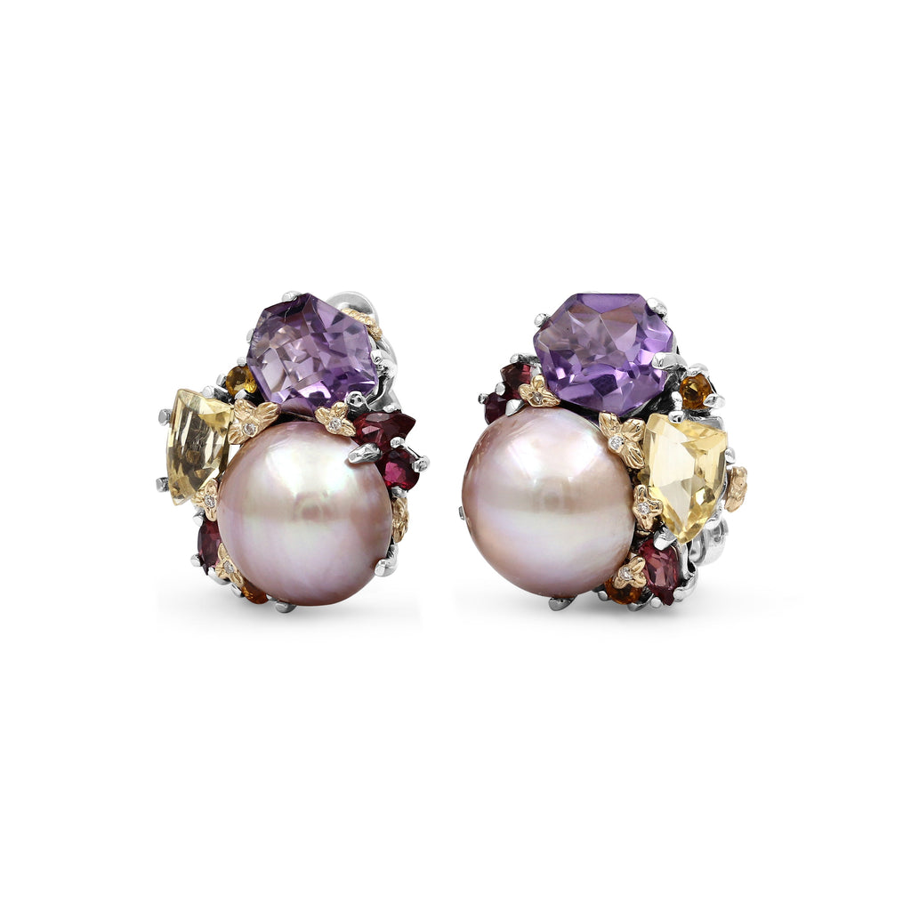 Rockrageous Multi-Hued Citrine Rhodolite Garnet Tourmaline Amethyst and Golden Mabe Pearl Cluster Earrings in Sterling Silver With 18K Gold and Diamond Flowers