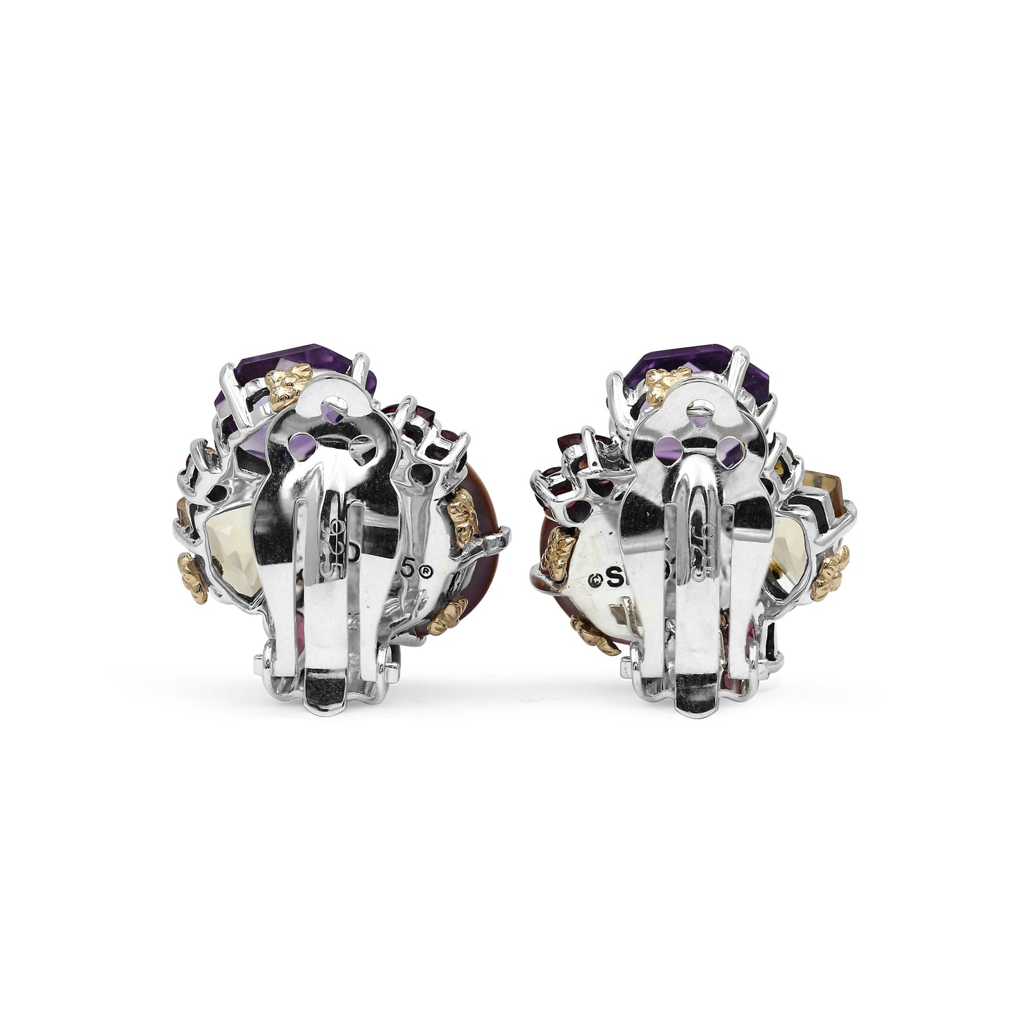 Rockrageous Multi-Hued Citrine Rhodolite Garnet Tourmaline Amethyst and Golden Mabe Pearl Cluster Earrings in Sterling Silver With 18K Gold and Diamond Flowers