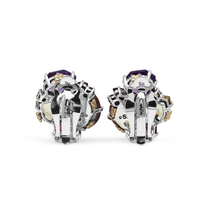 Rockrageous Multi-Hued Citrine Rhodolite Garnet Tourmaline Amethyst and Golden Mabe Pearl Cluster Earrings in Sterling Silver With 18K Gold and Diamond Flowers