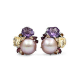 Rockrageous Multi-Hued Citrine Rhodolite Garnet Tourmaline Amethyst and Golden Mabe Pearl Cluster Earrings in Sterling Silver With 18K Gold and Diamond Flowers