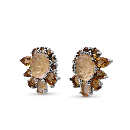 Rockrageous Hand Carved Natural Quartz Gold Lining Citrine Smoky Cognac and Champagne Quartz Earring in Sterling Silver