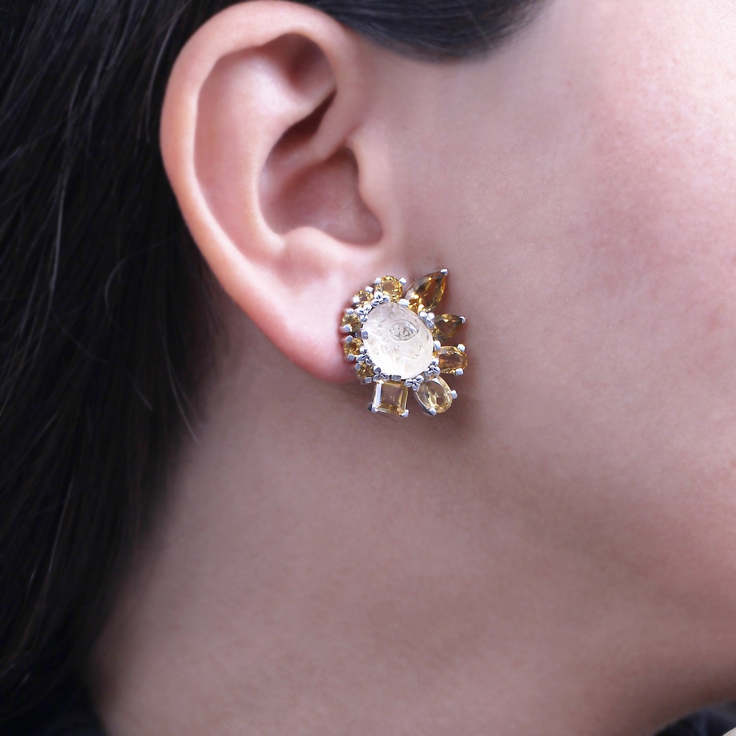 Rockrageous Hand Carved Natural Quartz Gold Lining Citrine Smoky Cognac and Champagne Quartz Earring in Sterling Silver