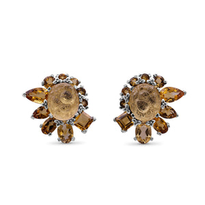 Rockrageous Hand Carved Natural Quartz Gold Lining Citrine Smoky Cognac and Champagne Quartz Earring in Sterling Silver