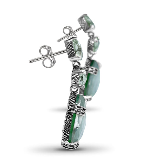 Galactical Green Prasiolite Natural Quartz Mother of Pearl and Green Serpentine Jade Earrings in Sterling Silver