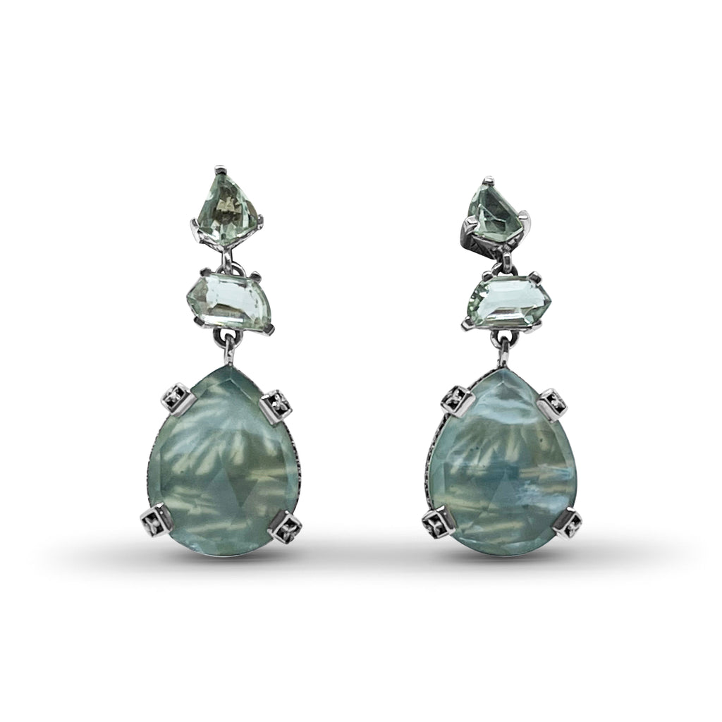 Galactical Green Prasiolite Natural Quartz Mother of Pearl and Green Serpentine Jade Earrings in Sterling Silver