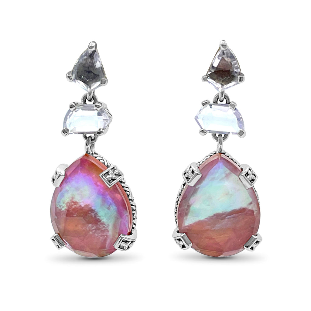 Galactical Lavender Moon and Natural Quartz Mother of Pearl and Red Agate Earrings in Sterling Silver