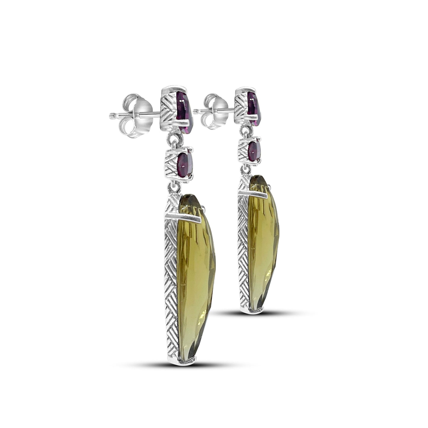 Galactical Rhodolite Garnet Cognac Quartz Earrings in Sterling Silver